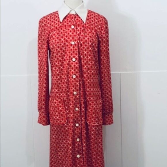 Vintage Dresses & Skirts - Vintage Square Print Collared Button Front Dress